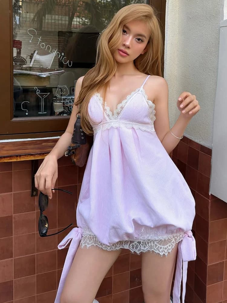 Weird Puss Patchwork Lace Dress Women Bandage Tassel V-Neck Backless Sleeveless Sweet Style Summer Fashion Street Party Bodycon