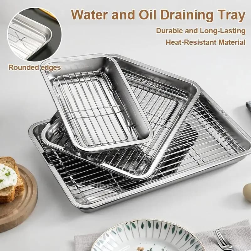 Stainless Steel Baking Tray Set with Removable Cooling Rack - Non-stick BBQ Oven Roasting Pan for Cooking & Baking