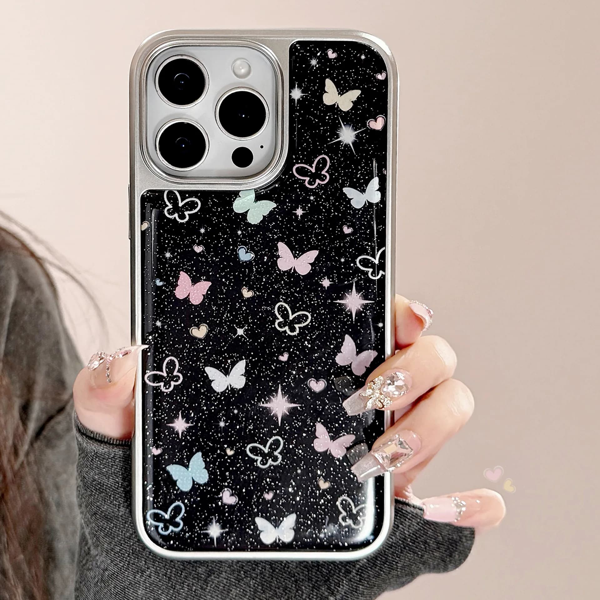 Custodia per telefono coreana con placcatura in argento con farfalla a schermo intero per iPhone 17 15 13 12 14 16 Pro Max Cover rigida antiurto