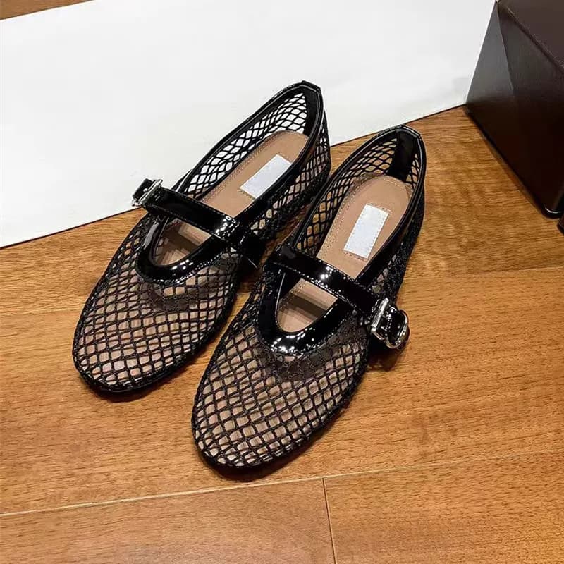 Sandali ballerina originali di marca con fibbia in rete, scarpe Mary Jane da donna con fondo piatto e rete a maglia.