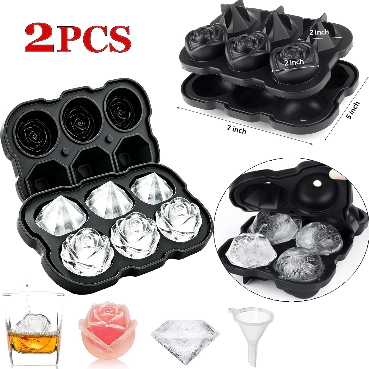3D Ice Cube Tray Rose Ice Cube Trays With Covers 6 Grids Silicone Ice Tray Mould Diamond Ice Mold for Cocktails Whiskey Drink