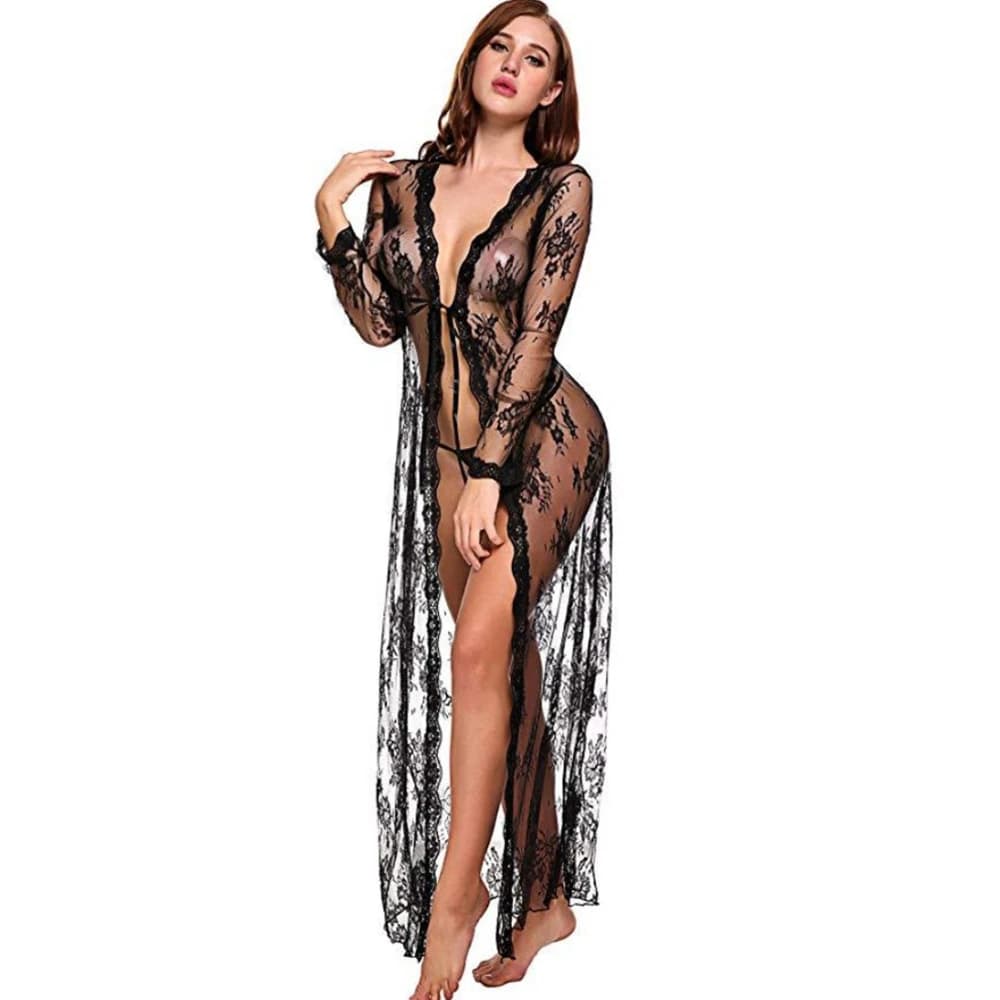 Women's Long Pizzo Floreale Showcase with V Neckline Background and Long Sleeves, Open on the Front, with Set Perizoma - Sexy Lingerie for Honey Moon