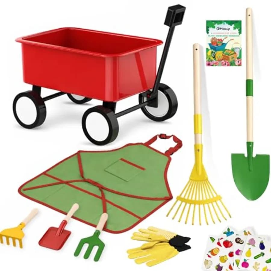 Set Carriola da Giardino in Metallo e Legno con Attrezzi per Bambini 3-8 Anni, Carriola Verde con Grembiule e Guanti, Guida STEM per Giardinaggio all'Aperto