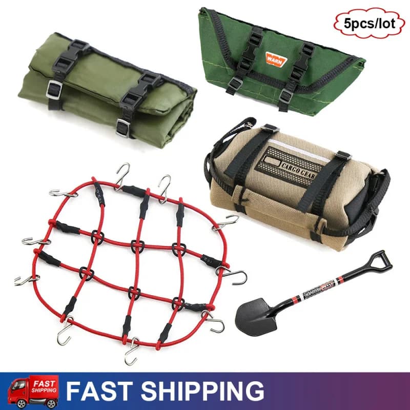 5 Pezzi Nuovi Accessori 1/18: Borsa Portaoggetti, Borsa da Tetto, Borsa da Viaggio, Rete Portaoggetti, Pala per TRX4M Axial SCX24 Bronco Defender RC Crawler