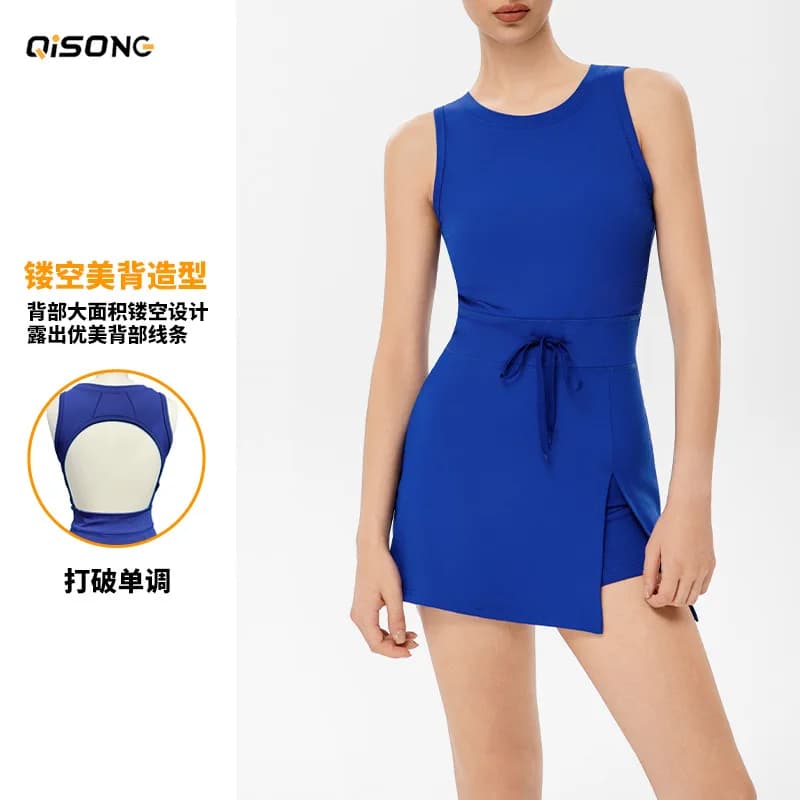 Abito da tennis da donna traforato con pantaloncini e tasche, blu, con coulisse, per pickleball, badminton, golf, allenamento 2026