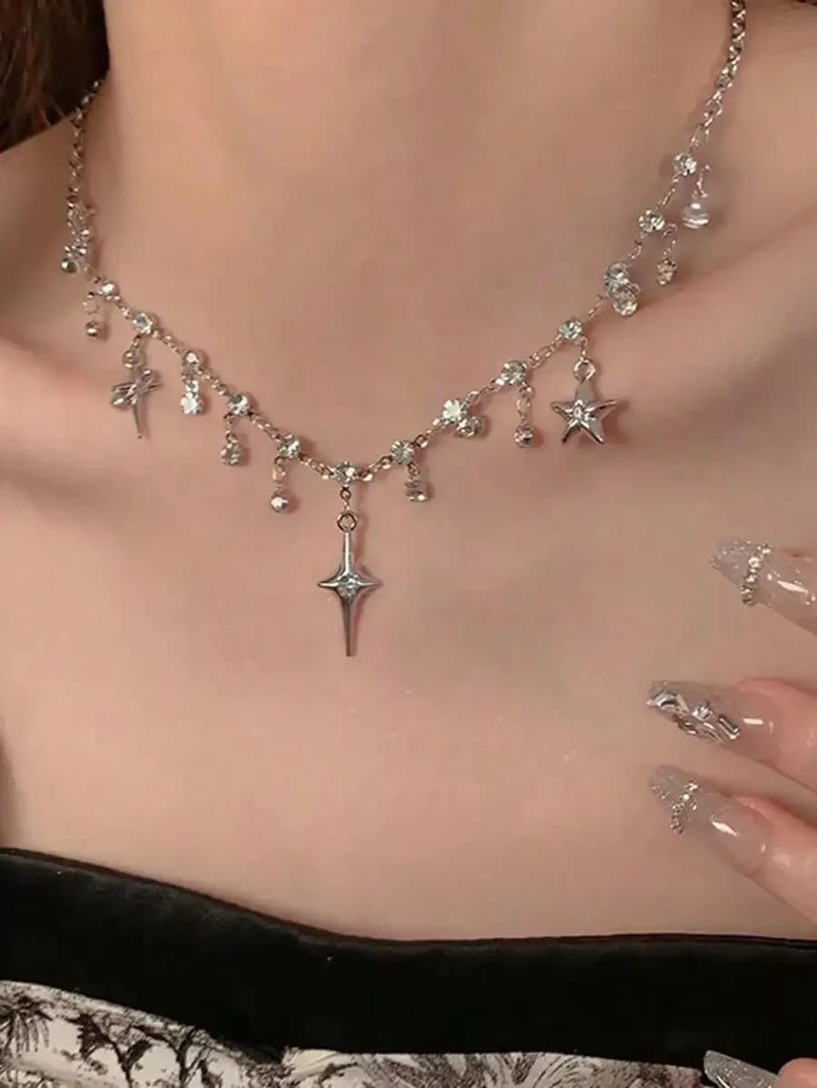 ROMWE Goth 1pc Collana con ciondolo in lega di ferro alla moda con strass e stella per donna per la decorazione quotidianabbv