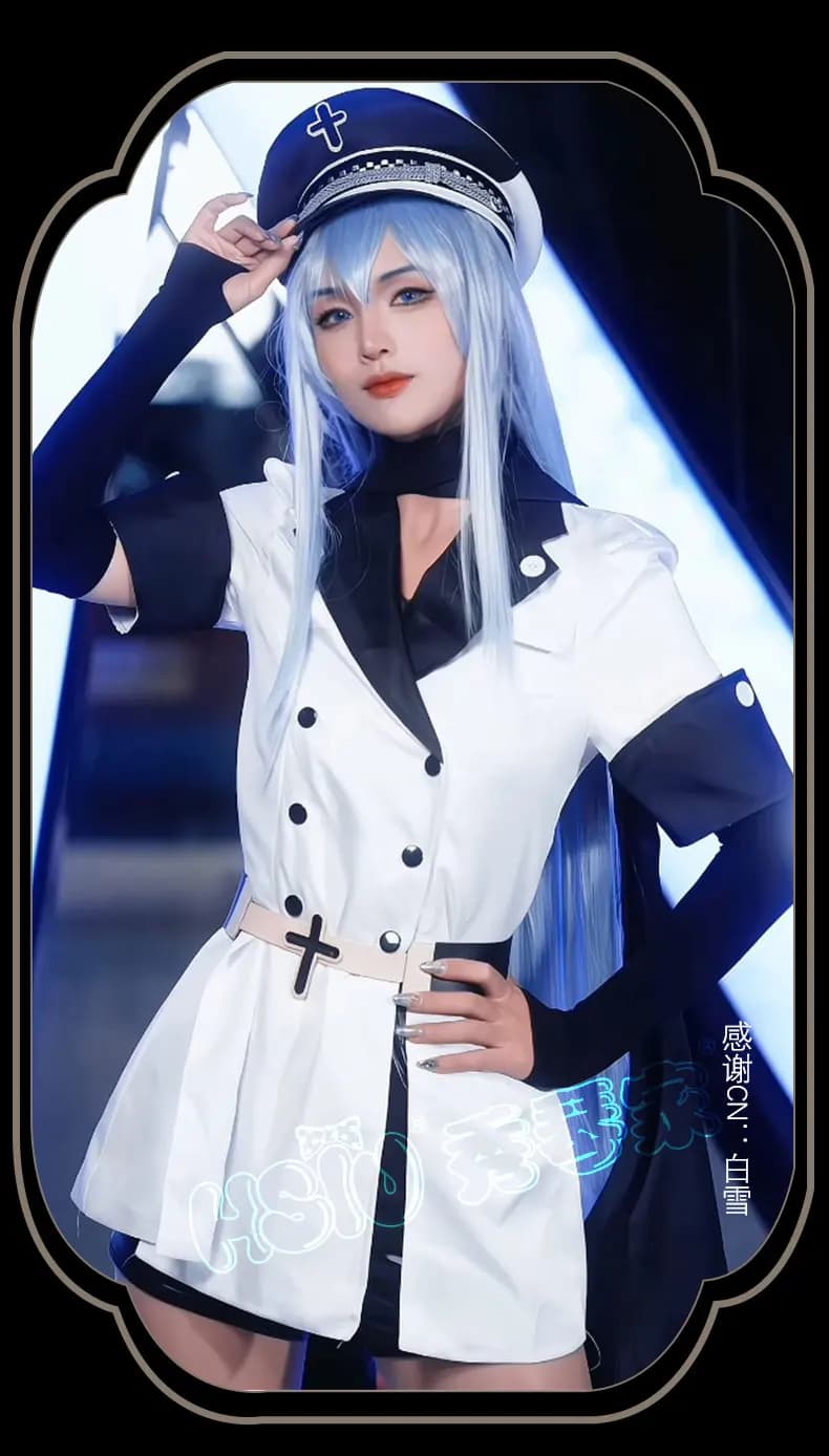 Parrucca cosplay Anime Akame Ga Kill, costume uniforme bianca dell'Impero, parrucca Esdeath, parrucca cosplay Esdeath, parrucca in fibra sintetica 2026