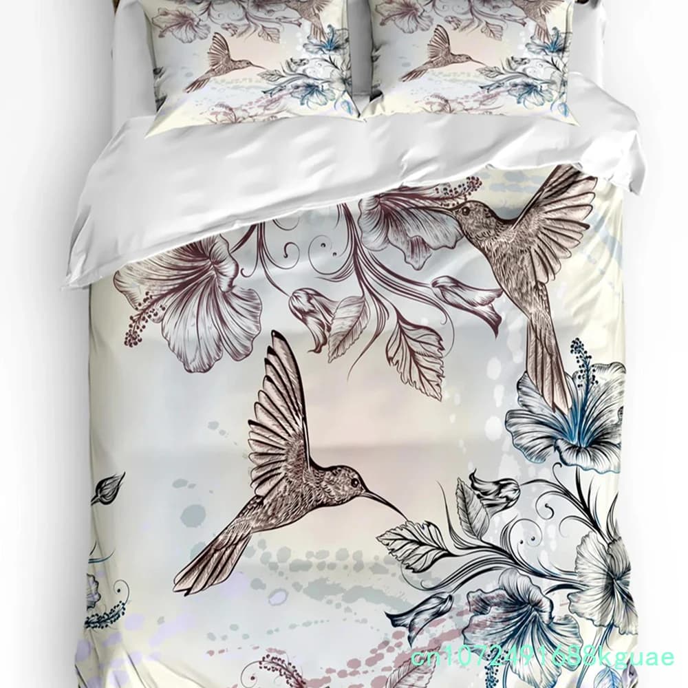 Hummingbird Hibiscus Flower Retro Bedding Set 3pcs Duvet Cover Pillowcase Kids Adult Quilt Cover Double Bed Set Home Textile