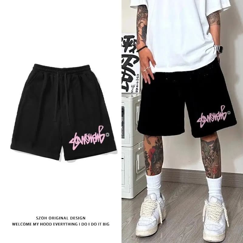 Pantaloncini da basket neri stile street americano da uomo, estivi, alla moda, con coulisse, taglie forti, sportivi, slim fit, in poliestere
