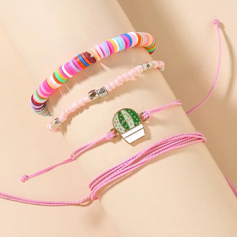Set di braccialetti da donna in ceramica morbida con cactus carino, intrecciati a mano per le vacanze estive