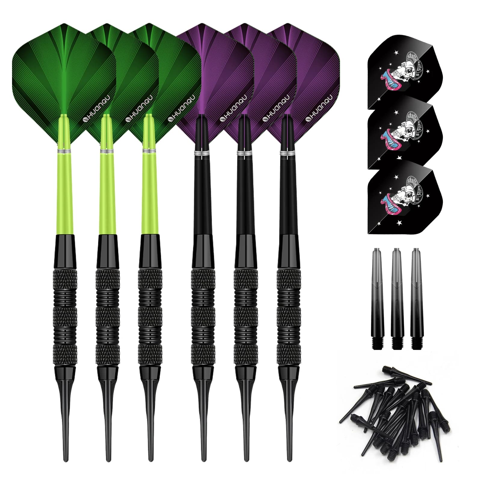 HUANQU 6Pcs 17g Soft Tip Darts Set Iron Barrels with Extra 3 Flights 3 Shafts 20 Plastic Tips for Electronic Dartboard