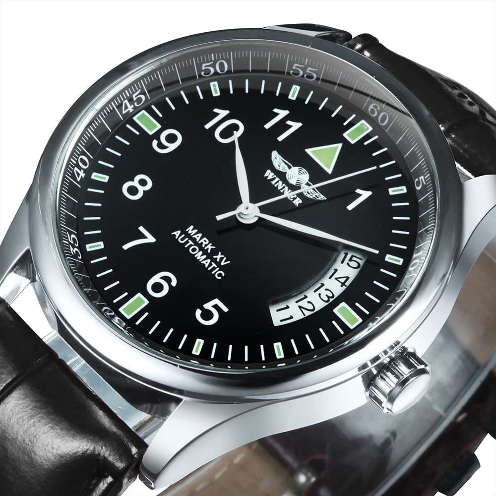 Fashion T-Winner Men's Watch Top Brand Automatic Mechanical Black Leather Strap Classic Calendar Business Casual Wrist Watch