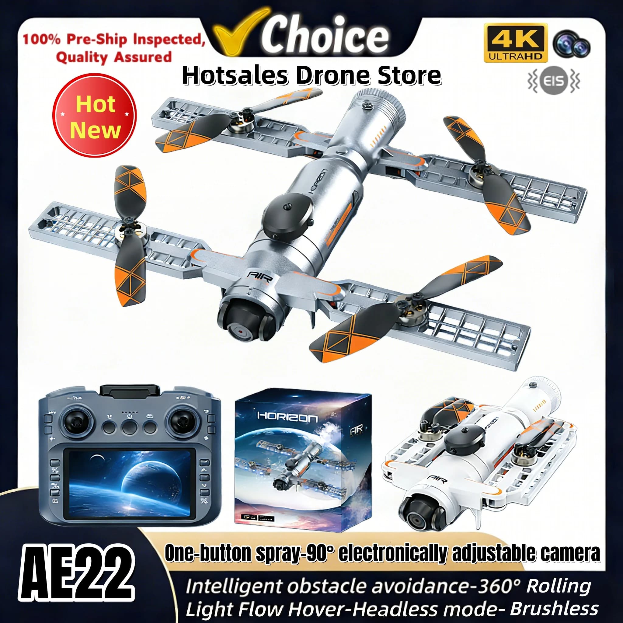 AE22 Satellitare Drone with Spruzzo a Tasto, Control from Foldable Screen, Avoiding 5 Sided Ostacles, Aeromobile Brushless HD for Riprese Aeree