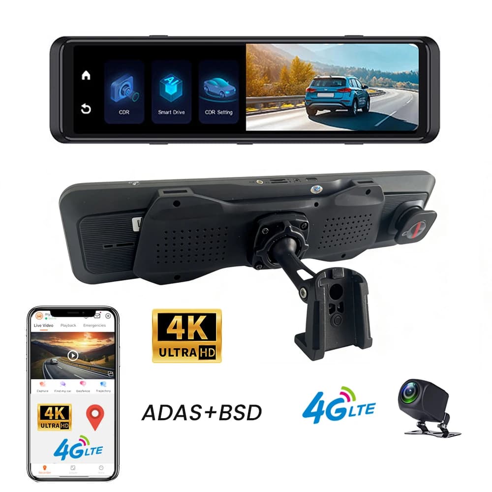 4K Dash cam 4G LTE Car Camera 11.26 inch Car Dvr Rearview Mirror with GPS WIFI ADAS + BSD Video Recorder Fleet Management Monitor
