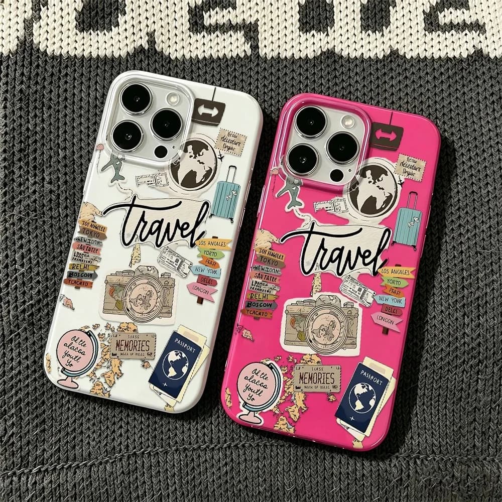Travel Sticker Collage Case For iPhone 17 16 15 14 Plus 13 12 11 Pro MAX 17 Air World Map Camera Luggage Passport City Cover
