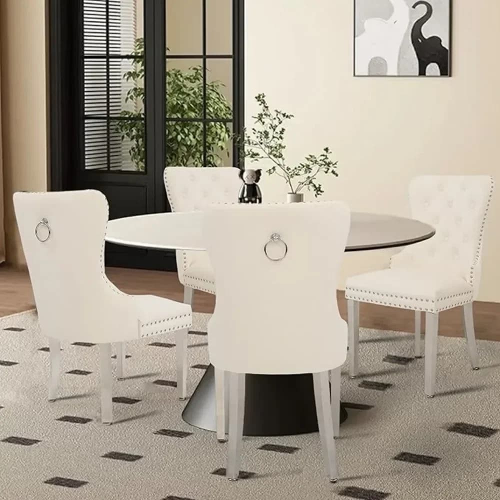 Set di 4 Sedie da Pranzo in Velluto, Sedia Imbottita Trapuntata con Anello di Trazione e Gambe in Acciaio Inossidabile, Personalizzabile