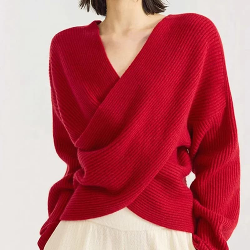 Maglione lavorato a maglia con maniche a lanterna con scollo a V incrociato per donna Primavera e autunno Nuovo top pigro con fondo interno rosso