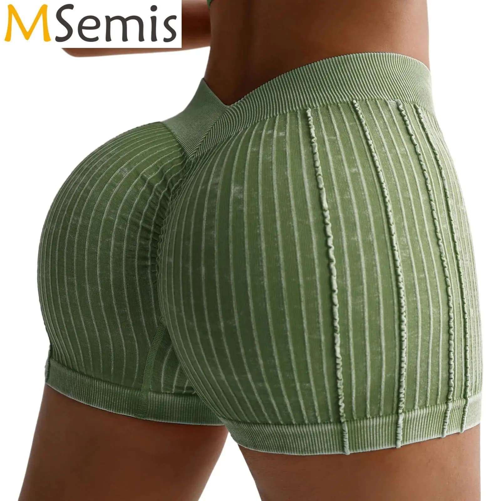 High Waist Yoga Shorts Women's Striped Ribbed Shorts With Belt With V-neck Fashionable Sport Running Cycling Fitness Gym