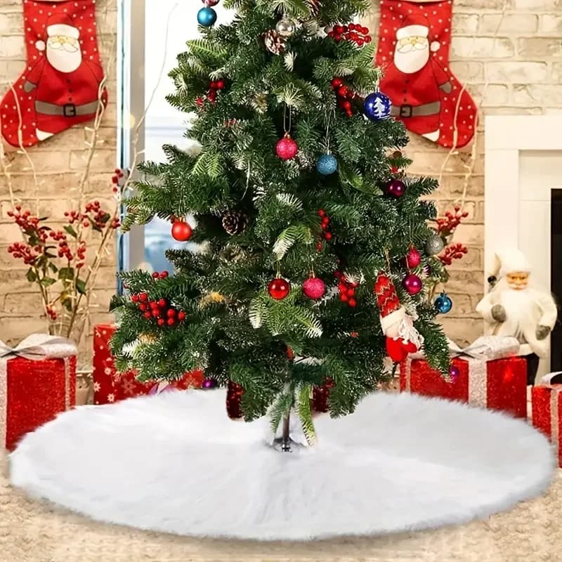 78/120cm Christmas Tree Skirt Set White Multicolor Sequins Faux Rabbit Fur Snowflake Long Plush Festive Home Decor
