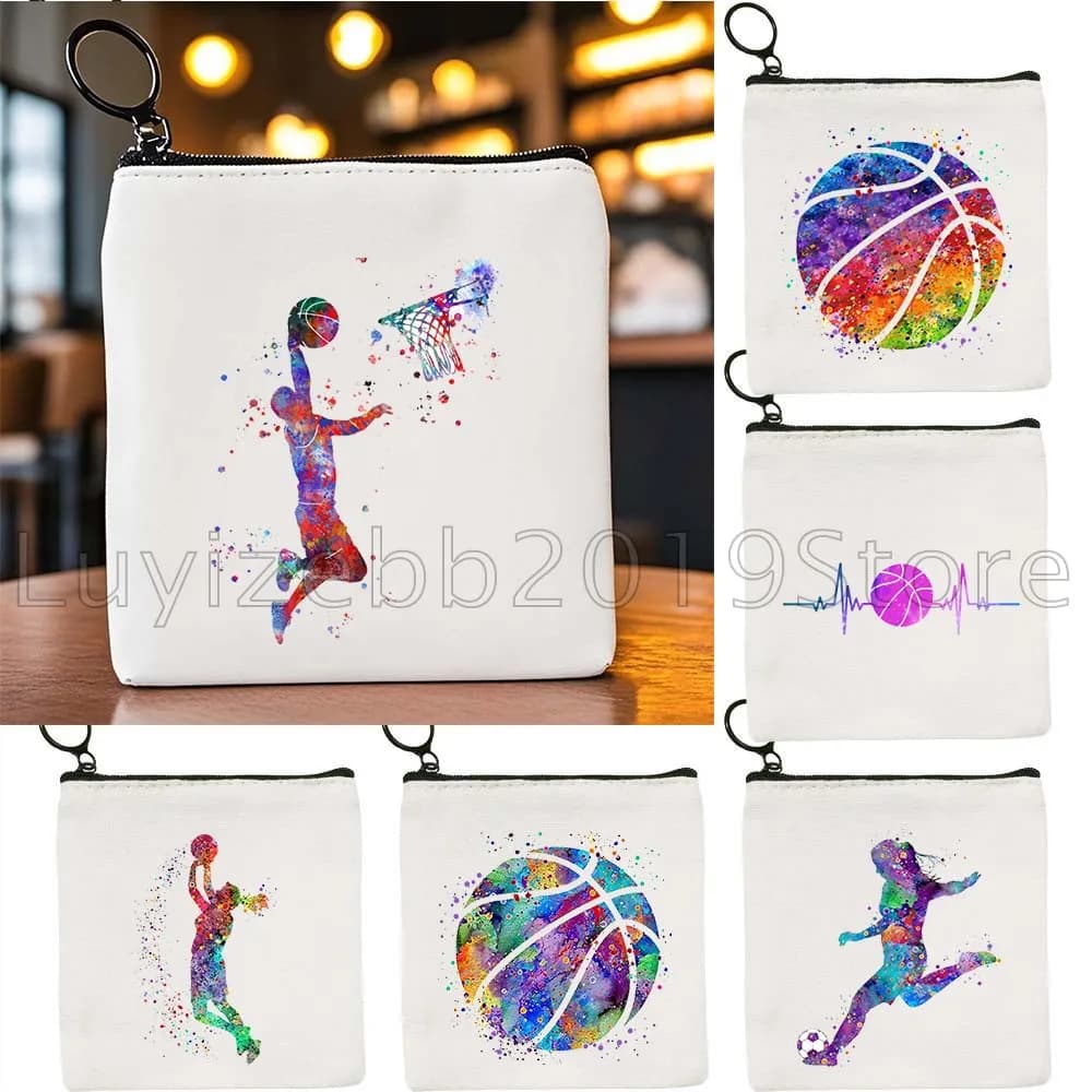 Pallacanestro Acquerello Regali sportivi Portamonete in tela Borsa quadrata piccola Chiave Borse per carte di archiviazione da viaggio Portafoglio Custodia portatile