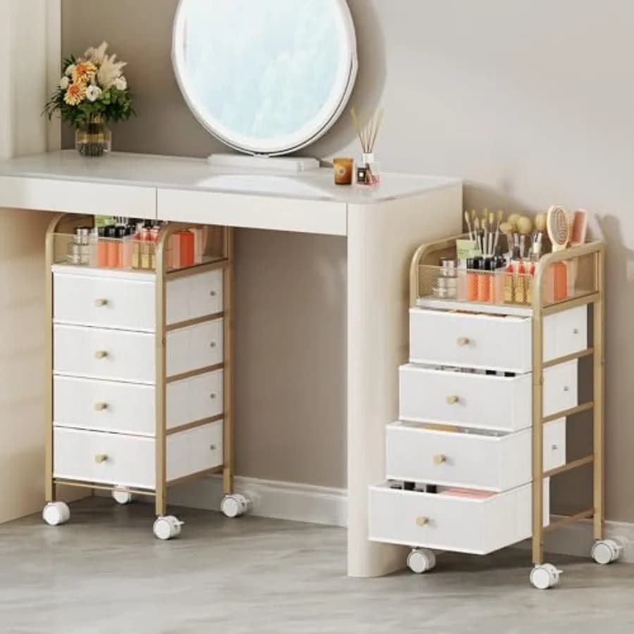 Carrello Organizer Trucchi con Ruote - Contenitore Sottoscrivania per Cosmetici con 3 Cassetti in Tessuto Non Tessuto, Carrello Porta Unghie, Espositore Cosmetici
