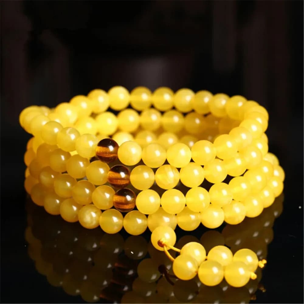 Tibetano 6-8mm giallo cera d'api 108 perline braccialetto o collana 4 cerchio avvolgere uomo donna 108 filo Mala meditazione gioielli amuleto