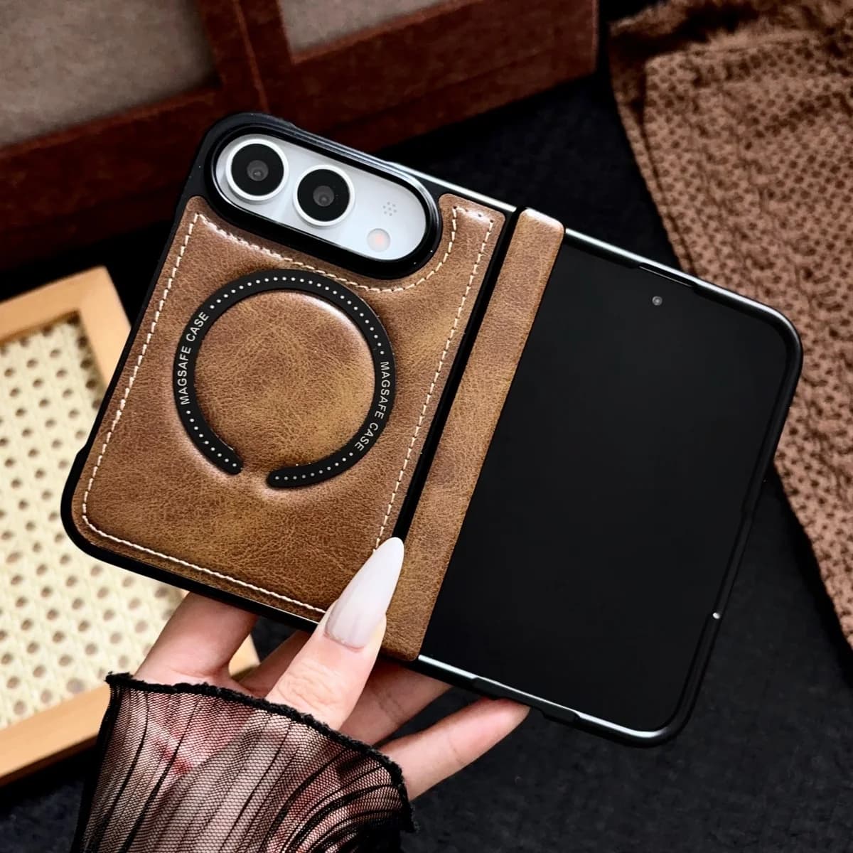 Leather Magnetic Wireless Charging Phone Case Suitable for Apple IPhone Duo for Magsafe Shockproof Hinge Protection Cover
