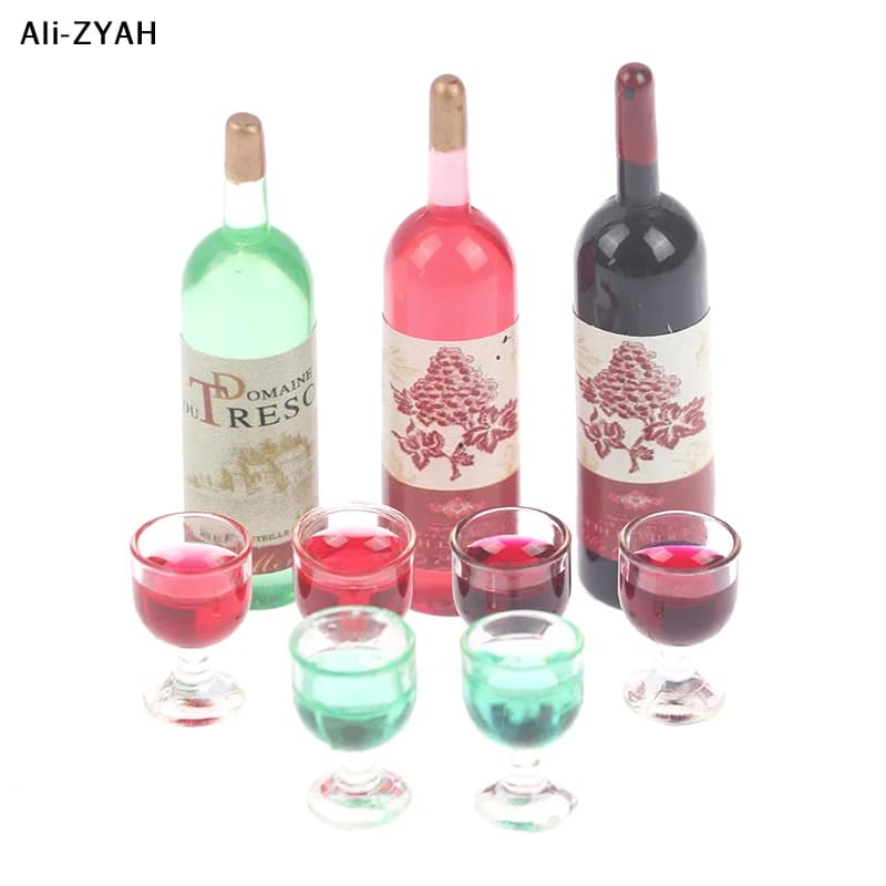 Set di 3 Pezzi 1/12 Modellini in Miniatura di Bottiglie di Vino e Calici per Casa delle Bambole