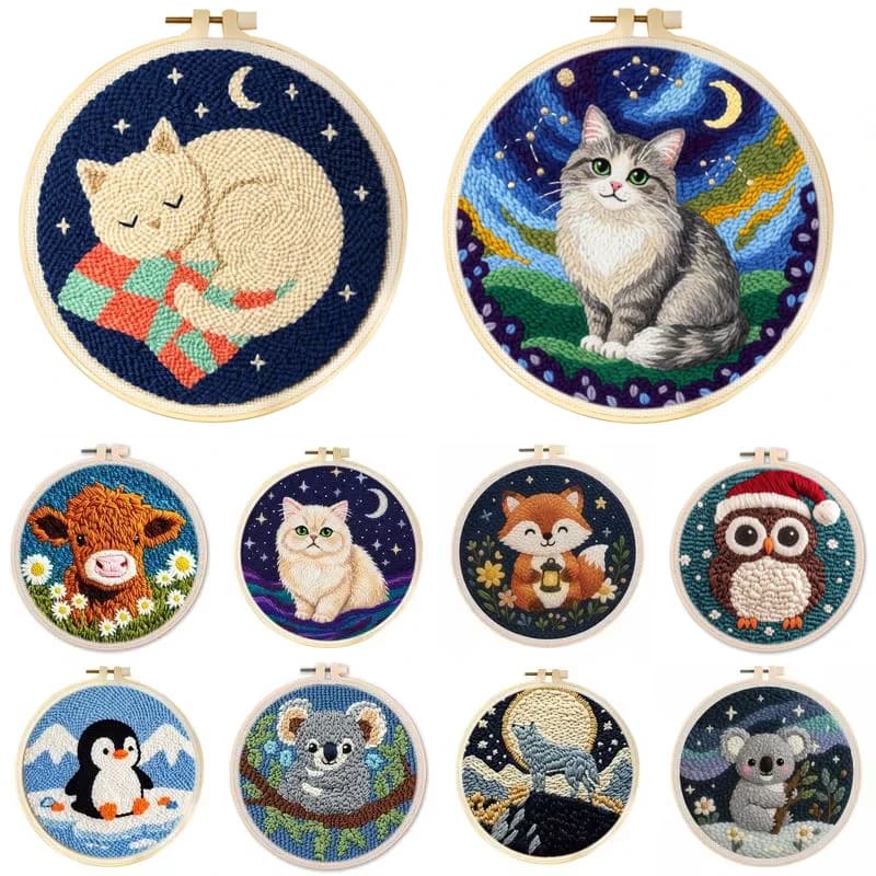 Cute Animal Punch Needle Embroidery Kit with Hoop DIY Handcraft Set for Beginners Home Wall Decor Inventive Handcraft Creation