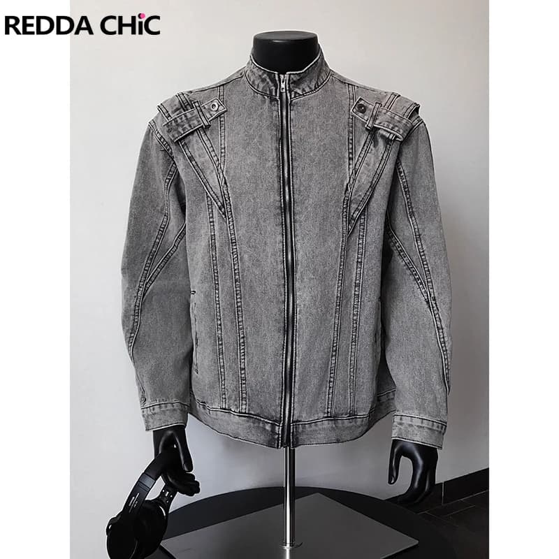 ReddaChic 2000s Distressed Men's Denim Bomber Jacket Vintage Dirty Washed Long Sleeve Zip-up Jean Jacket Biker Moto Streetwear