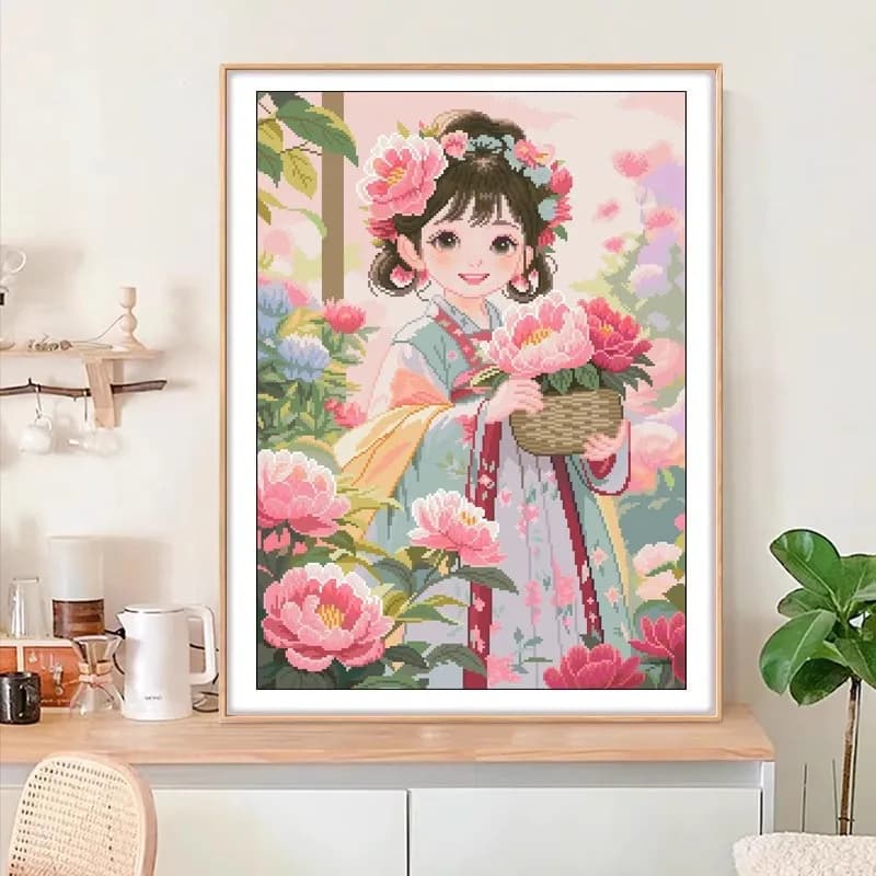 11CT 9CT Flowers Girl Embroidery DIY Printed Kits Cross Stitch Cotton Needlework Sets Crafts With Needles