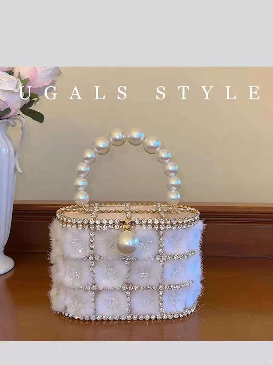 Borsa da sera di lusso con diamanti lucidi glitterati Borsa da donna con perline di perle di visone Borsa da donna con pochette per festa di nozze Borsa a tracolla