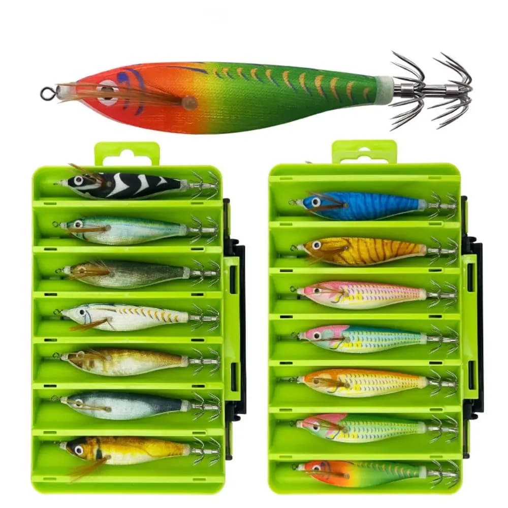 14Pcs/Box Luminous Squid Jig Hook Set Horizontal Jig Saltwater Design Shrimp Baits 10cm Size Realistic Cuttlefish Bait