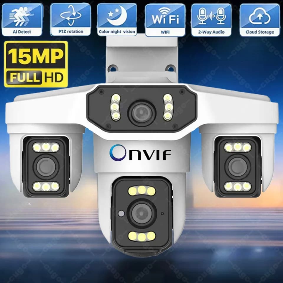 Telecamera IP WIFI 8K 15MP HD a Tre Schermi per Esterni, Quattro Lenti, Rilevamento Umano AI, Impermeabile, Telecamere di Sicurezza CCTV, Onvif Yoosee