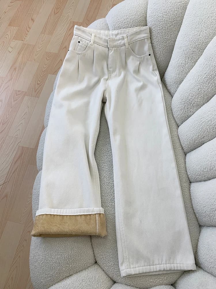 Women's Fleece Lined Thickened Loose Straight Leg Jeans High Waist Wide Leg Pants Autumn Winter New Design Casual Folded