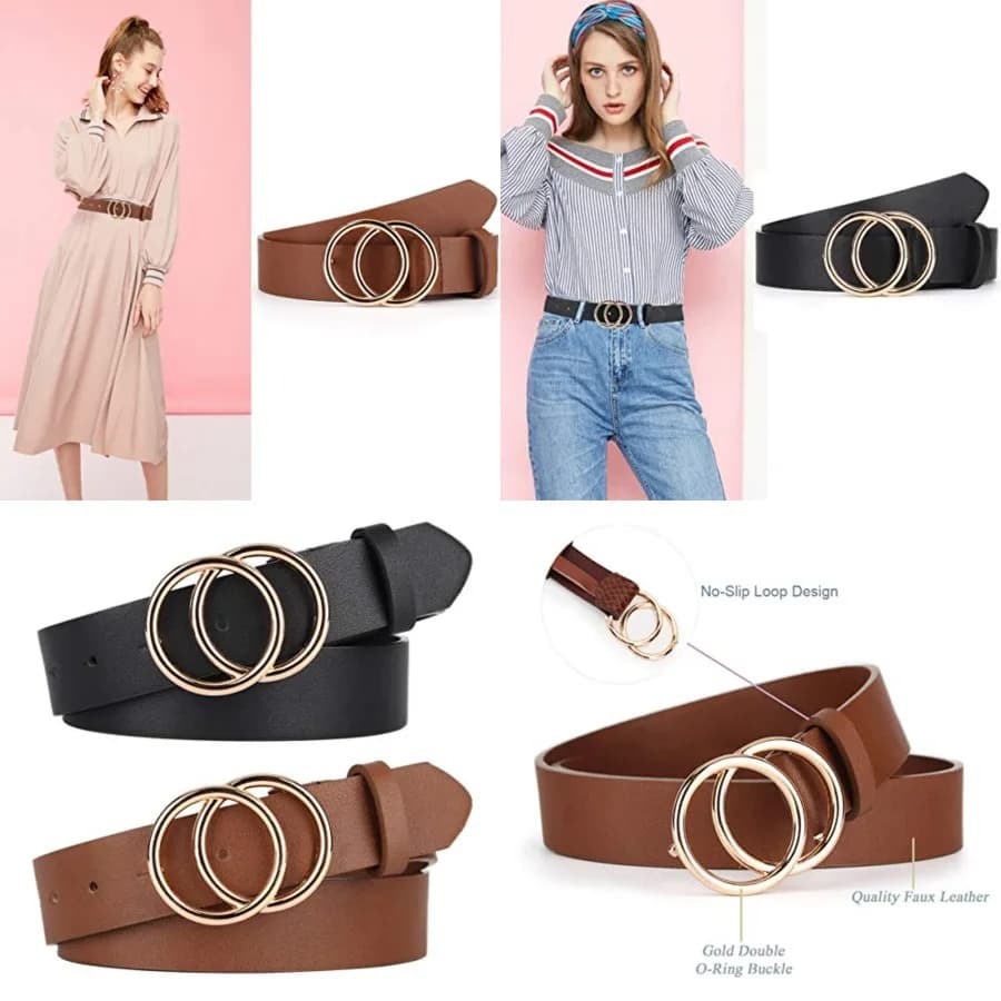 Pack 2 Women Belts for Jeans with Fashion Double O-Ring Buckle and Faux Leather，Fits Wiast Size from 31"-36"，Pack 2 (Black+chocolate Brown)