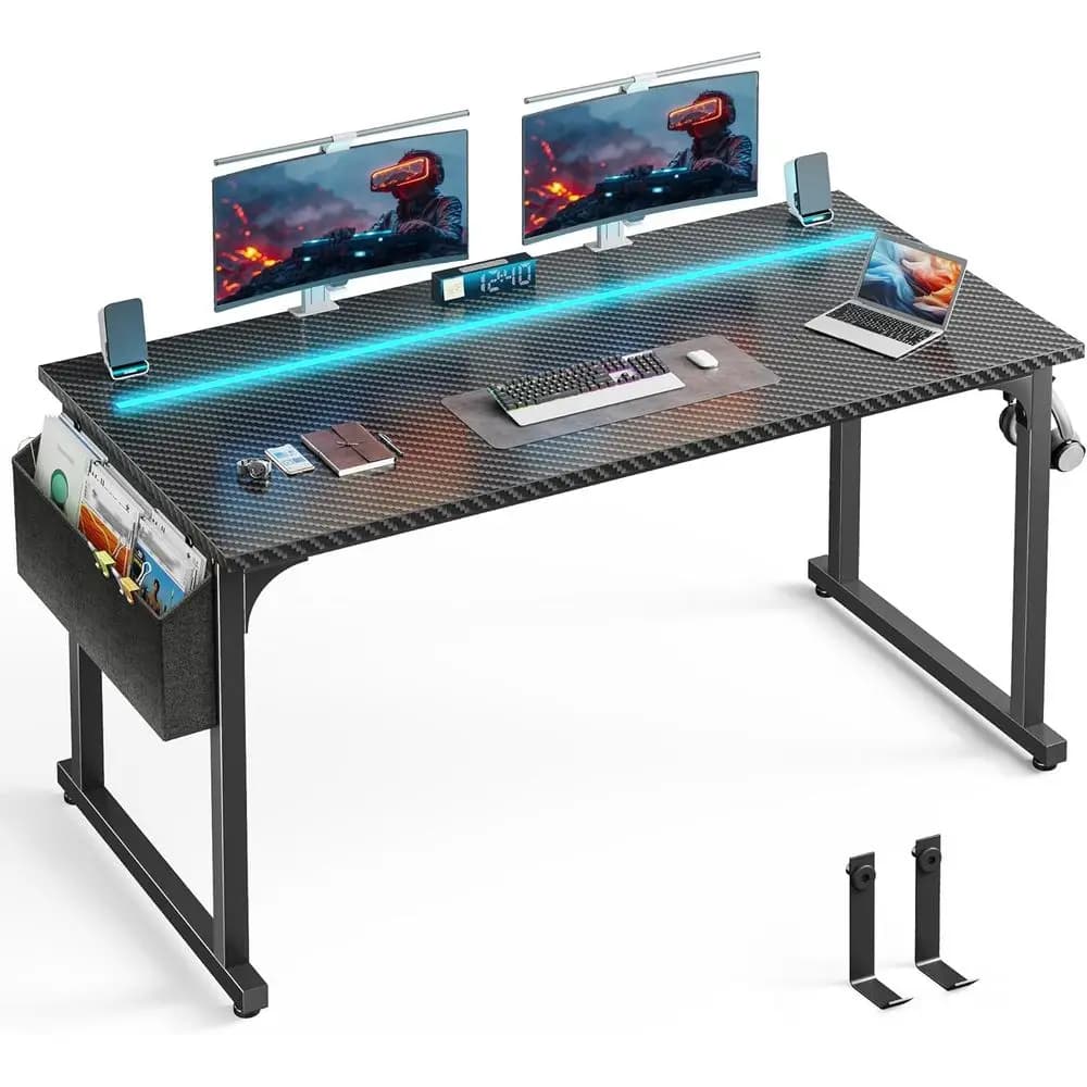 Scrivania da gaming con 55 luci a LED, spazio di archiviazione e gestione dei cavi, struttura in metallo, nera