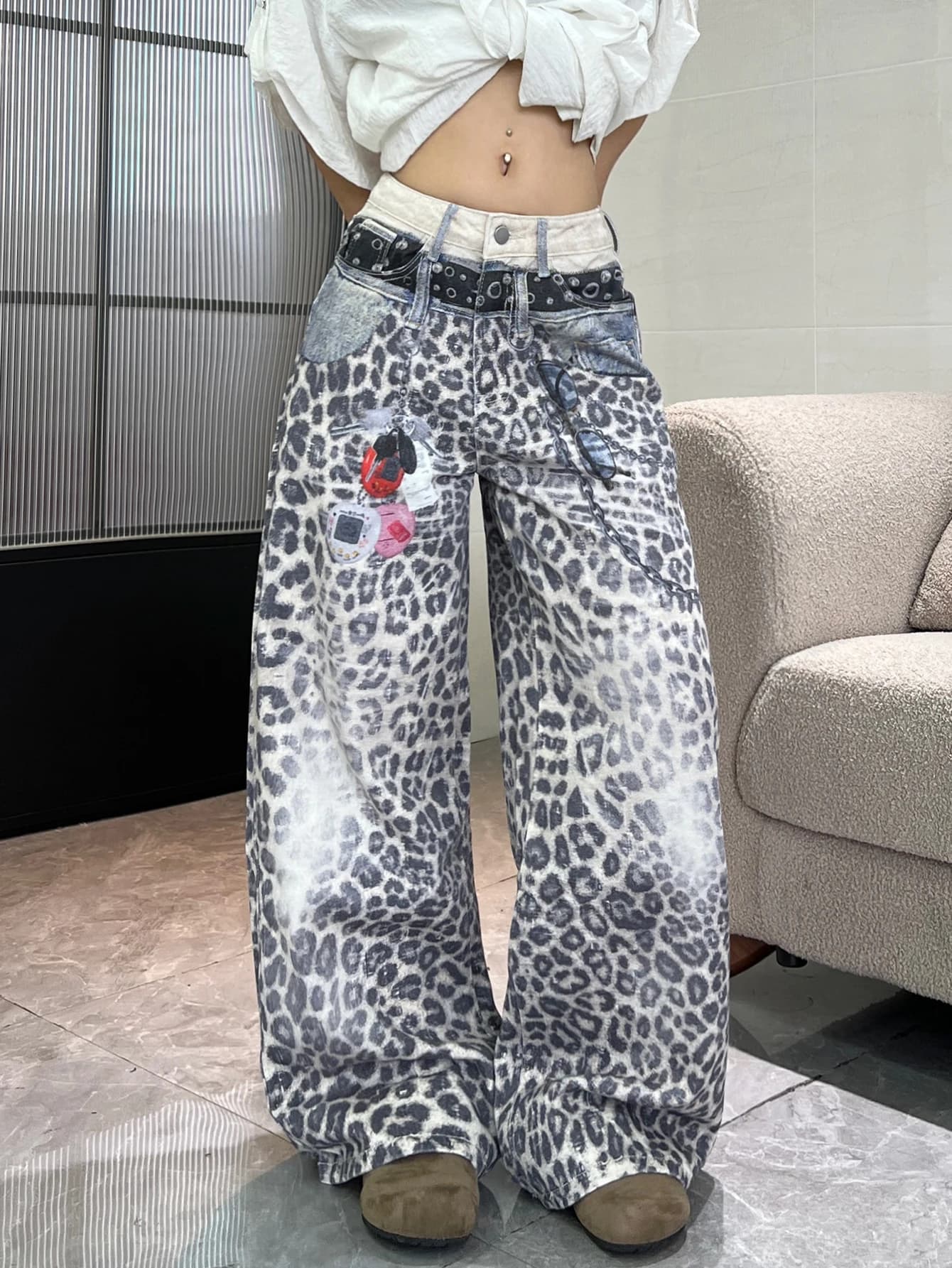 1 Pc American Retro Double Waist Design Leopard Print Loose Jeans, Street Hip-Hop Trendy Versatile Trousers For Women