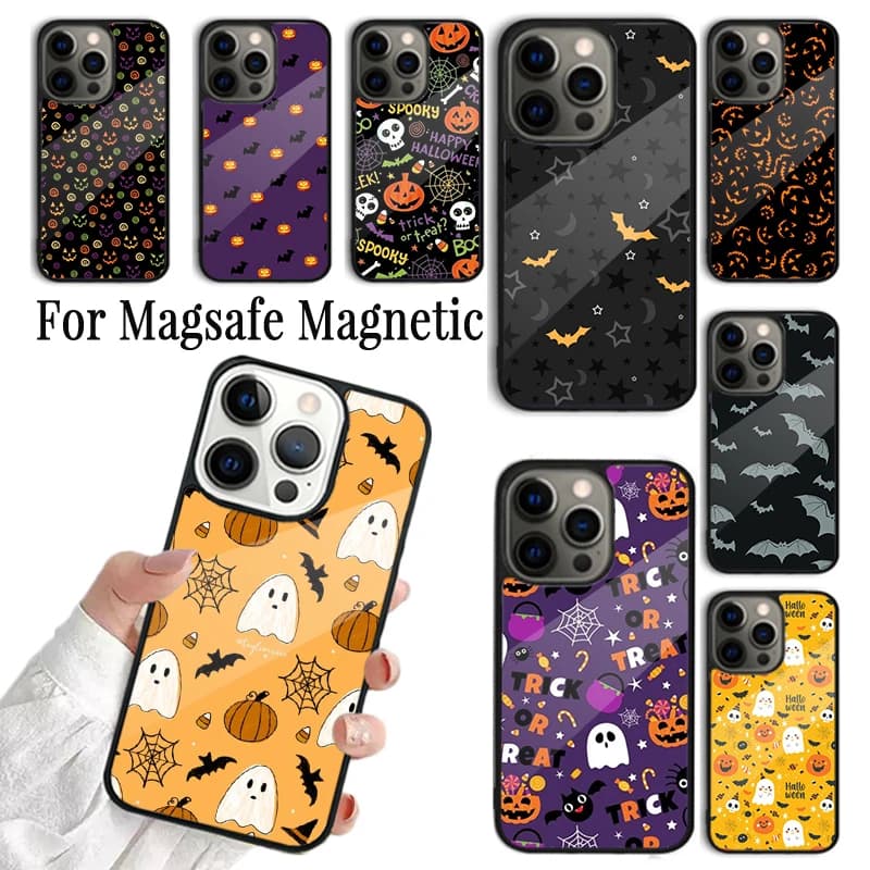 Cover per iPhone 17 AIR 16 15 14 13 12 11 Pro Max Plus con design Zucca, Pipistrello e Strega, compatibile con ricarica wireless e Magsafe