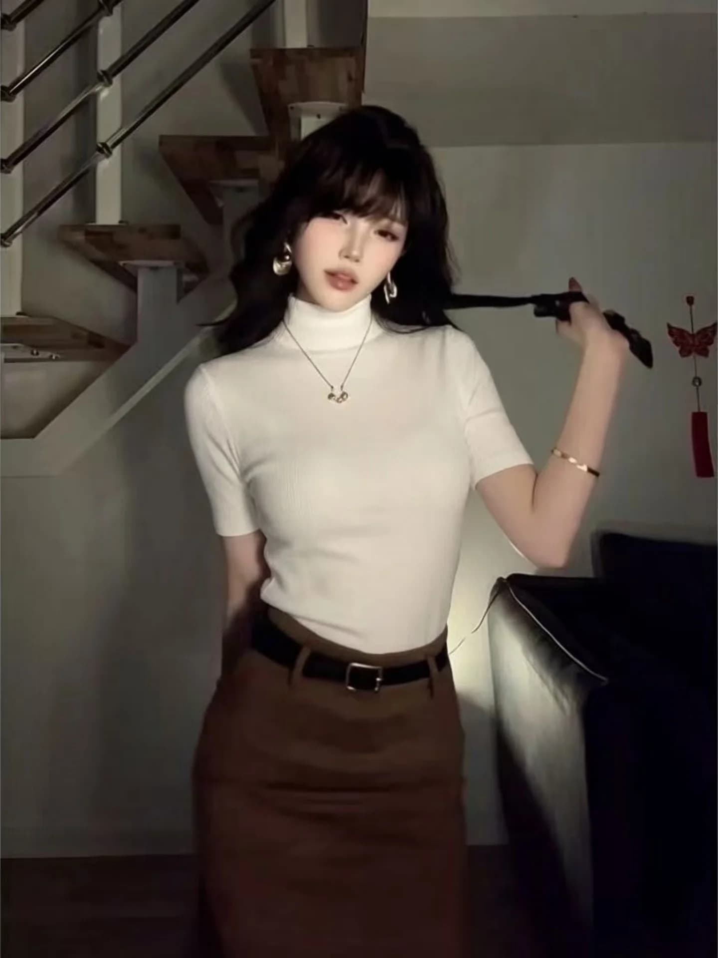 Slim Fit Short Sleeve T-Shirt Women's Summer Casual High Collar Waist Cinched Versatile Outerwear Base Layer Shirt Top