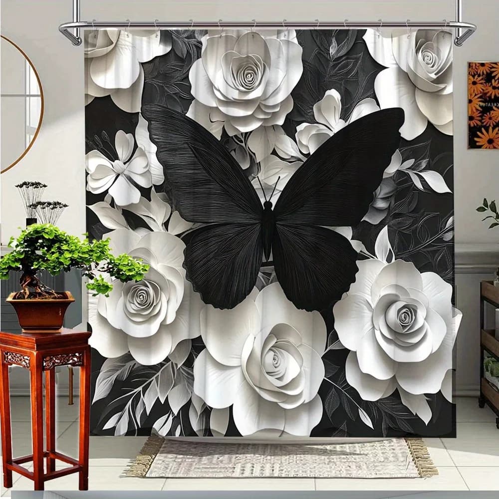 Tenda da doccia da bagno con farfalla e rosa bianca da 1 pezzo: elegante design floreale e farfalla su sfondo nero, poliestere resistente