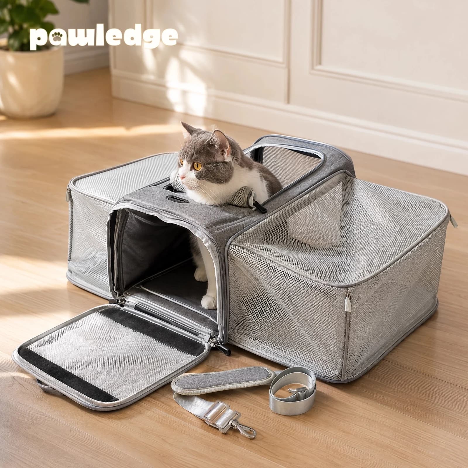 Double-Sided Expandable Pet Carrier Bag for Cats Small Dogs, Breathable Foldable Travel Tote with Luggage Strap