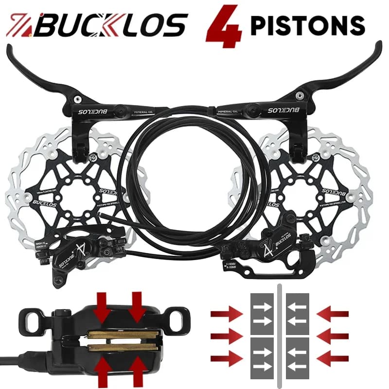 BUCKLOS MTB Set freno idraulico a 4 pistoni 850mm 1630mm 4 pistoni Freno idraulico per bicicletta Mountain Bike E-Bike Set freno a disco Parte