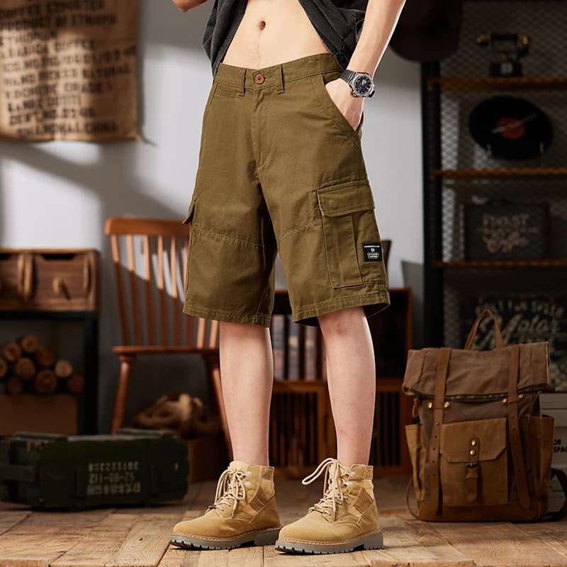 2026 Summer Brand American Retro Classic Cargo Shorts 100% Cotton Safari Style Men's Straight Loose Knee Length Outdoor Pants