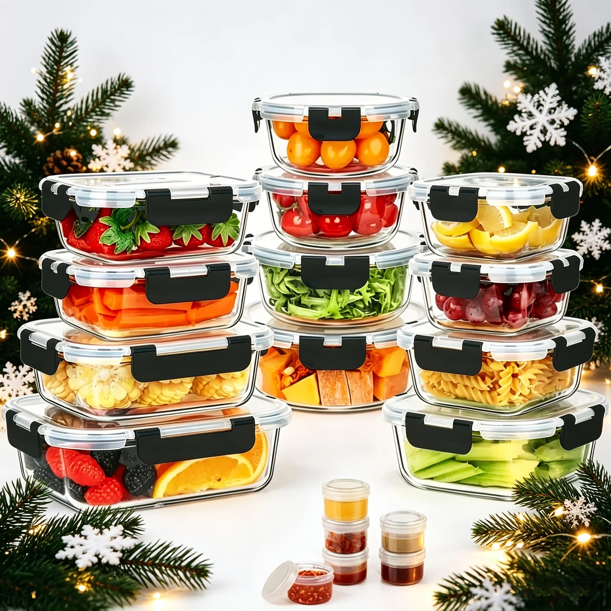 Set di 17 Contenitori in Vetro per Alimenti (Include 12 Contenitori + 5 Barattoli per Spezie), Preparazione Pasti in Vetro: Freschezza Garantita, Adatti per Microonde, Forno, Congelatore e Lavastoviglie