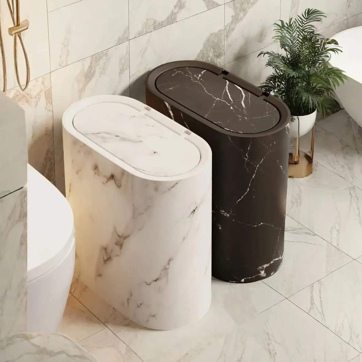 Pattumiera con motivo in marmo da 1 pezzo con coperchio - Design a pressione, contenitore in plastica, struttura moderna in marmo bianco e nero per bagno, camera da letto