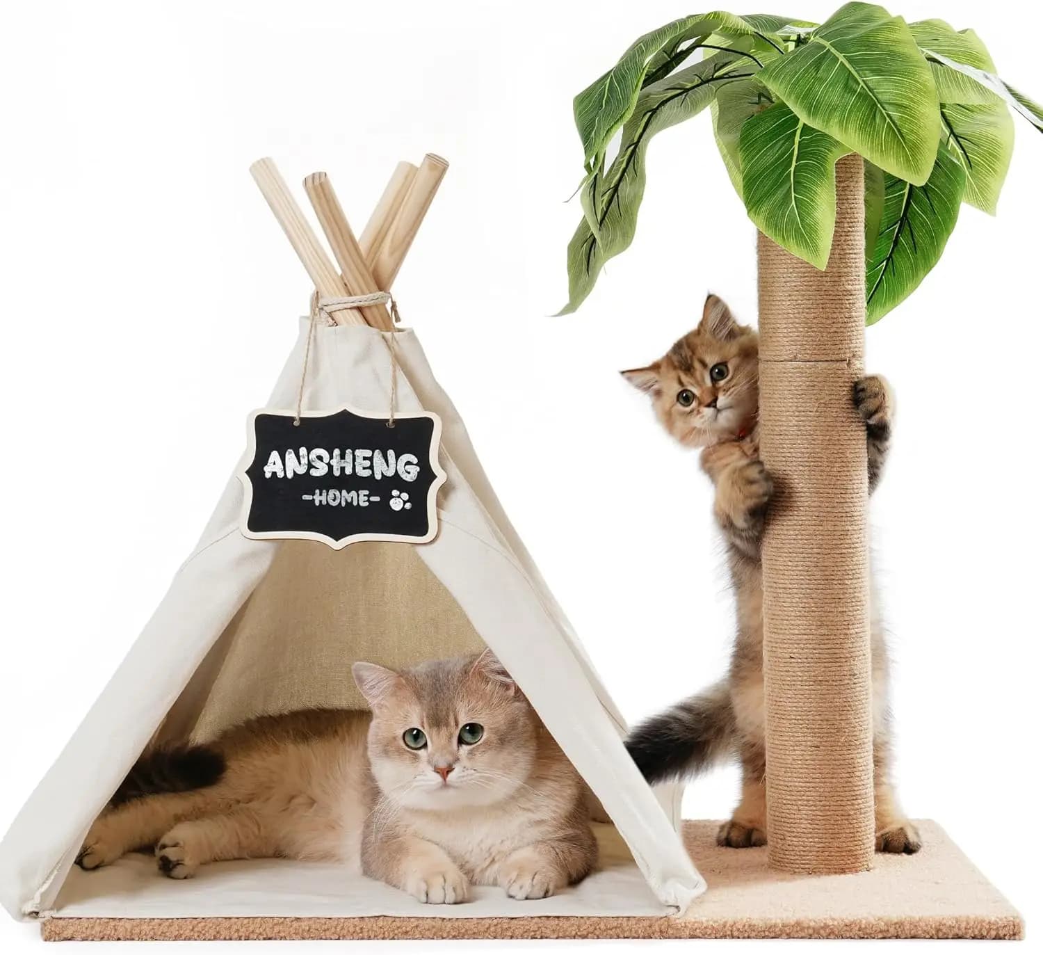 MEWOOFUN Tiragraffi per Gatti a Forma di Teepee con Foglie Simulate, Altezza 60cm, Postazione Gioco e Cuccia per Gatti da Interno