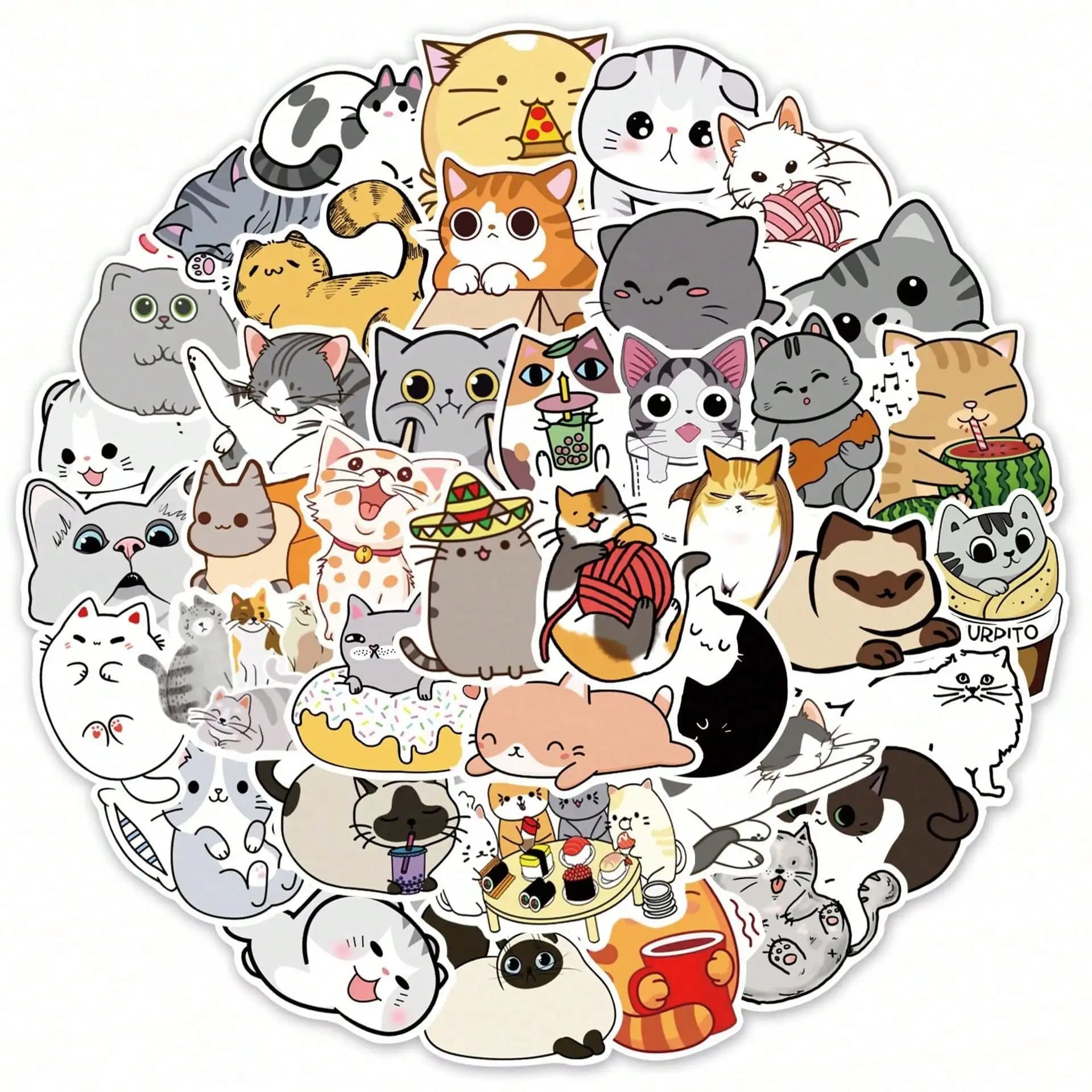 50 adesivi con simpatici e divertenti cartoni animati di gatti - Adesivi in PVC impermeabili, adatti per laptop, skateboard, auto, ecc. Crema solare, Eas