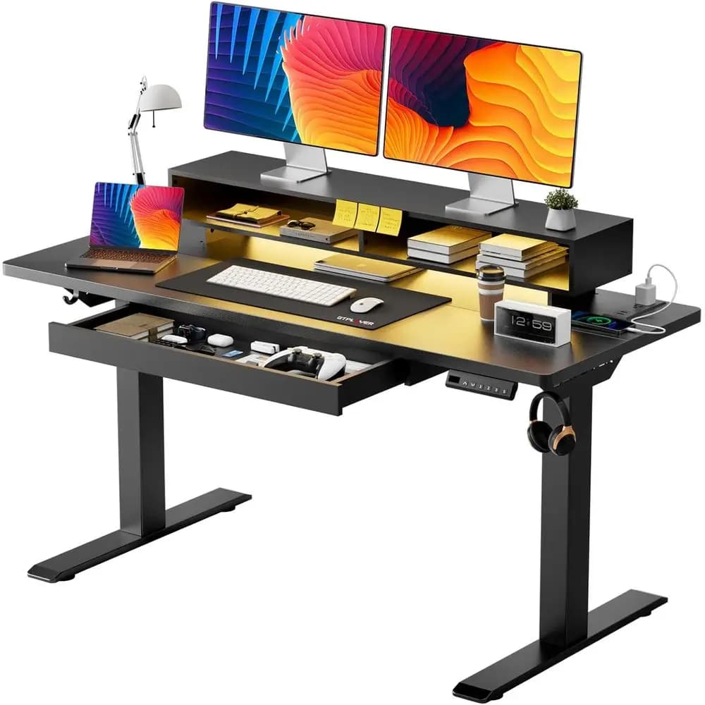 Scrivania elettrica regolabile in altezza con ripiani, scrivania da gaming regolabile in altezza da 48 x 24 pollici con supporto per monitor, prese di corrente e luci LED, per casa