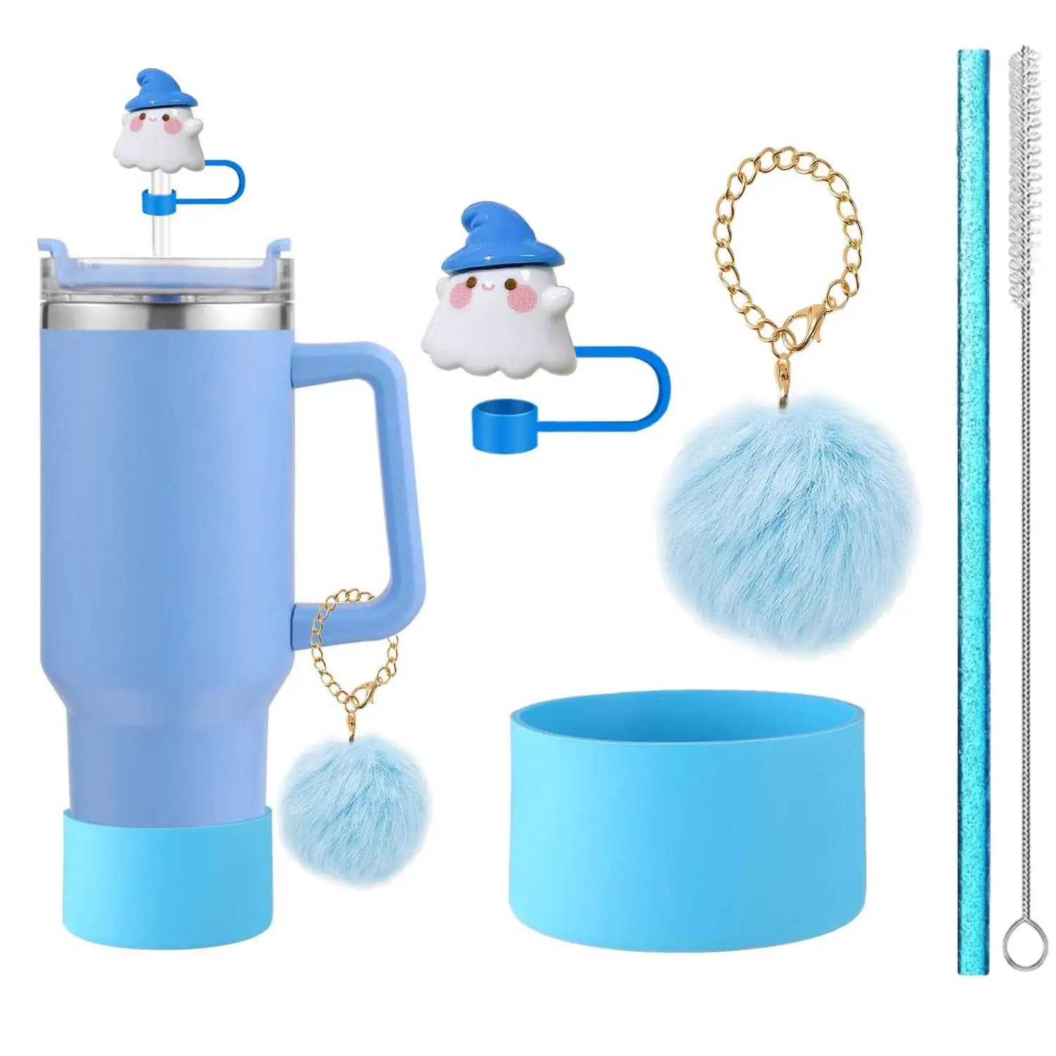 Halloween Straw Caps with Silicone Pom-Pom Pendants - Set of 8 Reusable Straws with Cleaning Brushes Cup Sleeves for Halloween P